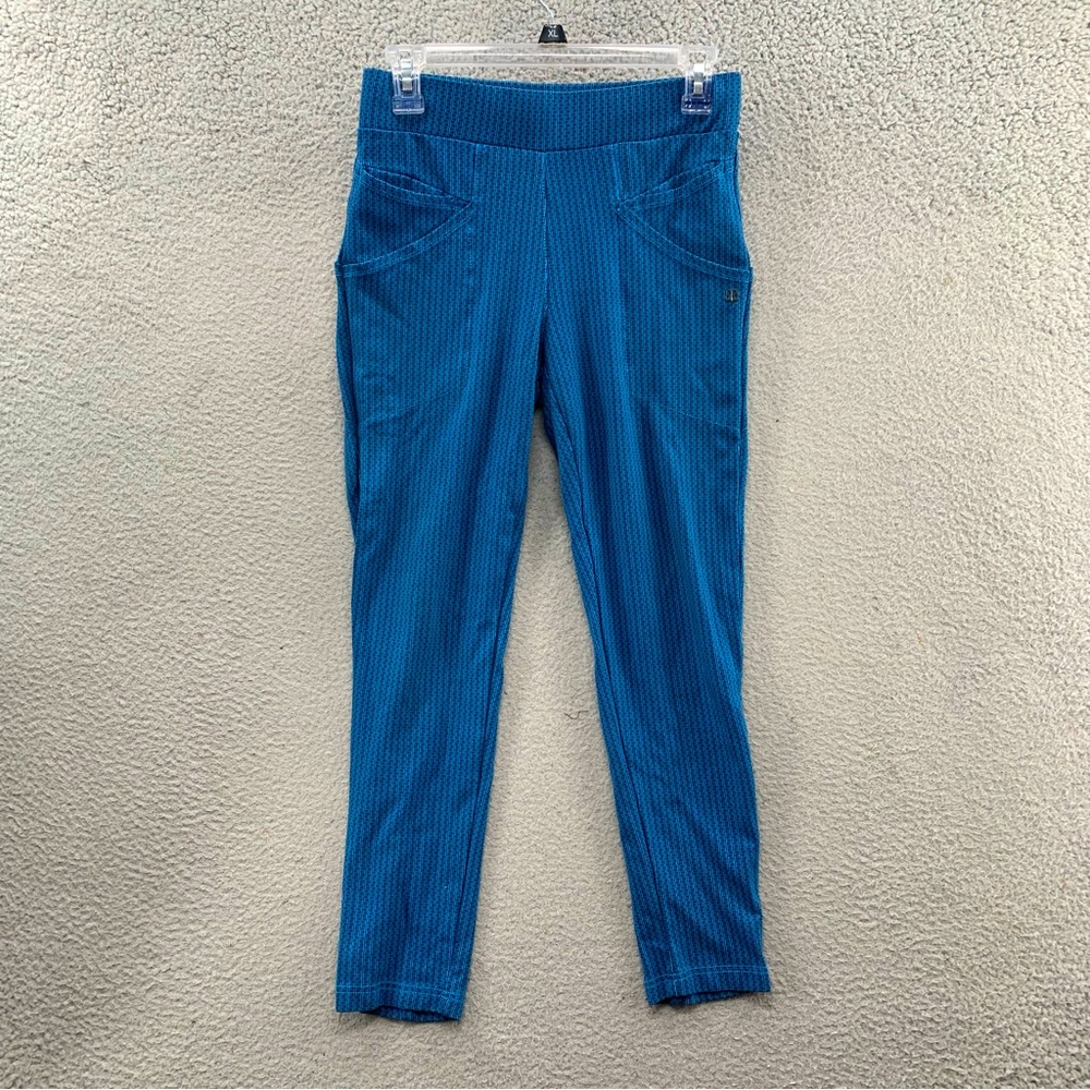 Betabrand Women’s S Pull On Straight Leg Pants Blue Geometric Stretch Pockets